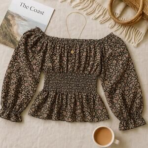 Anthropologie Lucia Smocked Off The Shoulder Chiffon Top Black Floral Womens XS